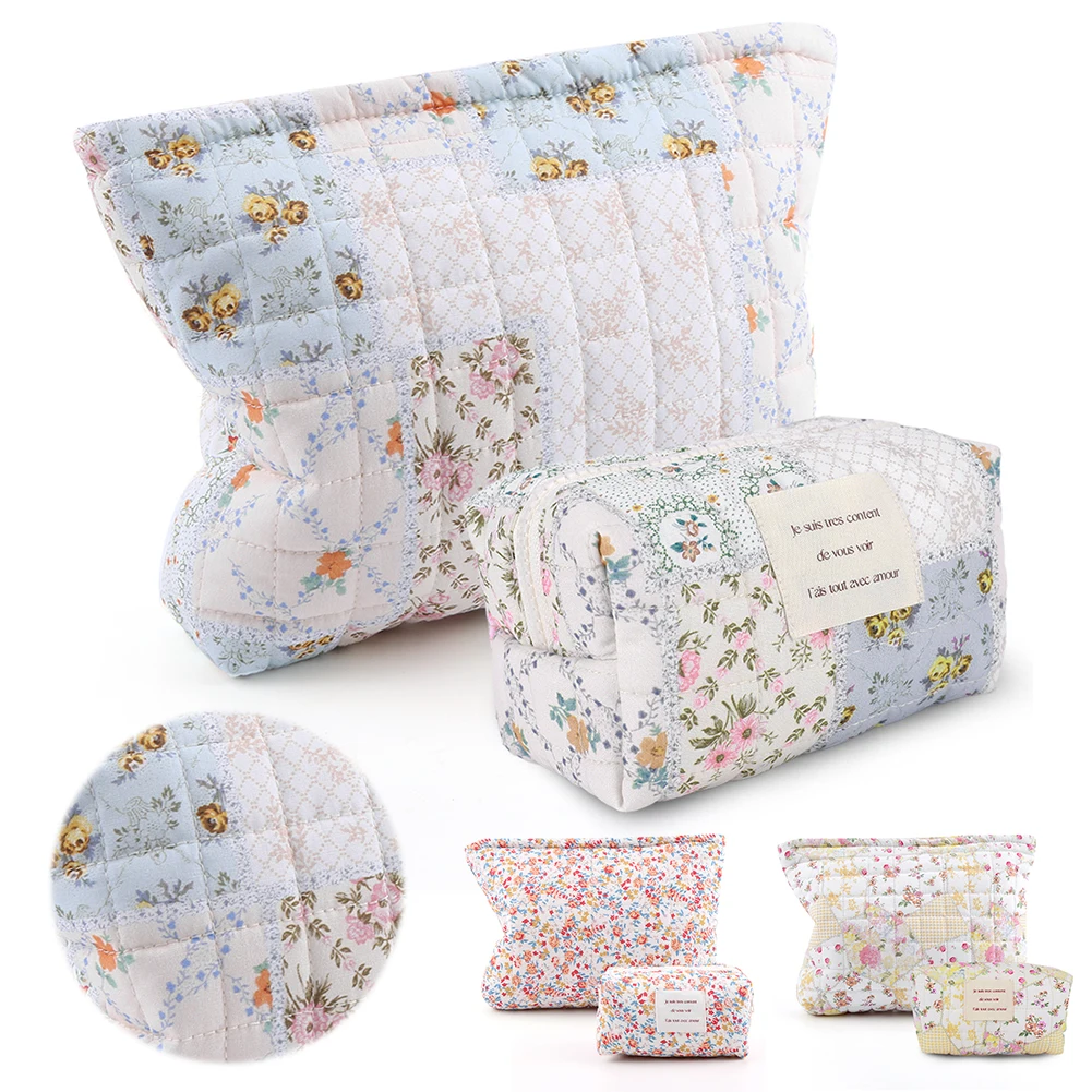 

2Pcs Quilted Makeup Bag Floral Cosmetic Bag Cute Makeup Organizer Bag Soft Skincare Holder Bag Padded Makeup Storage Bag