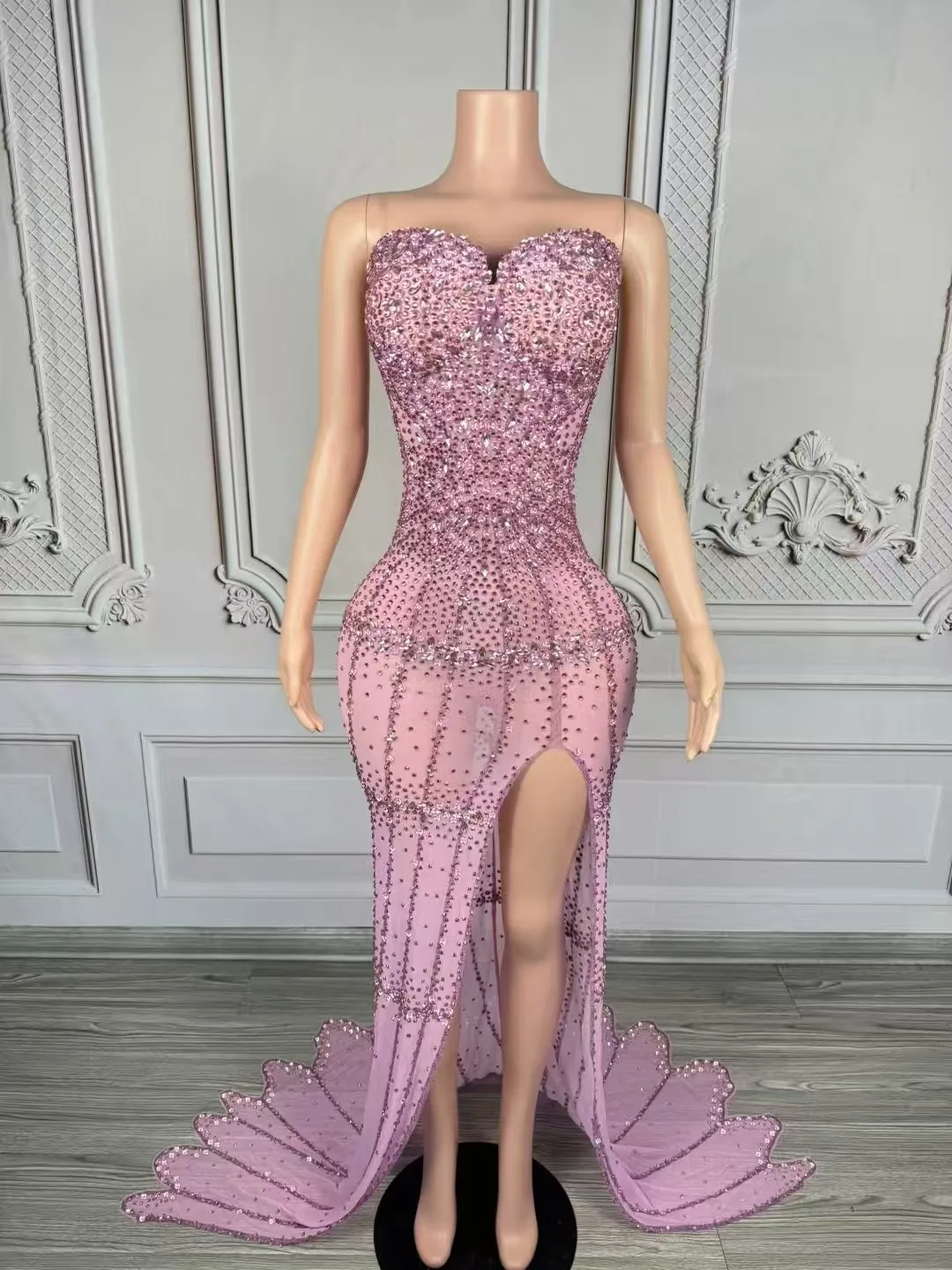 Robe de Soirée Luxueuse en Maille Transparente, Tenue de Bal Sexy, Fente Latérale, Sans Bretelles, avec Strass, pour Séance Photo