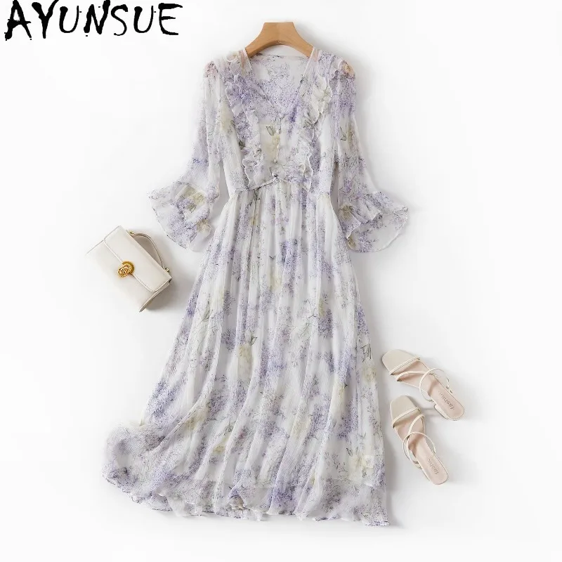 AYUNSUE 100% Silk Women's Casual Dresses Long Sleeve Dresses for Woman Stylish Spring Summer Dresses 2026 Woman Clothes Vestidos