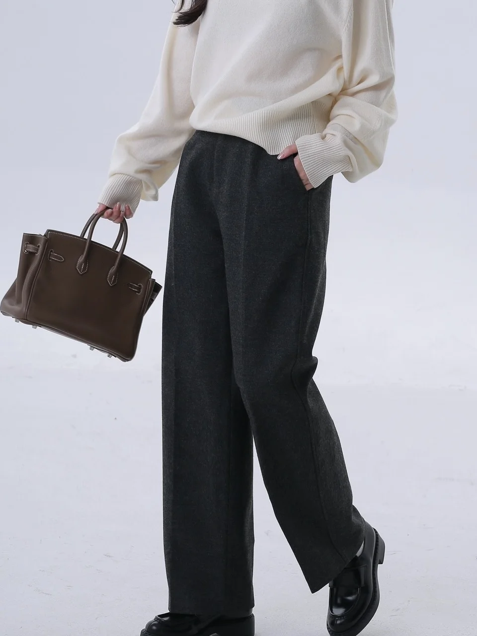 

Ele Woolen Straight Leg Pants Casual Suit Sle High Waist Long Trousers for Lady Commute Faion Winter Collection