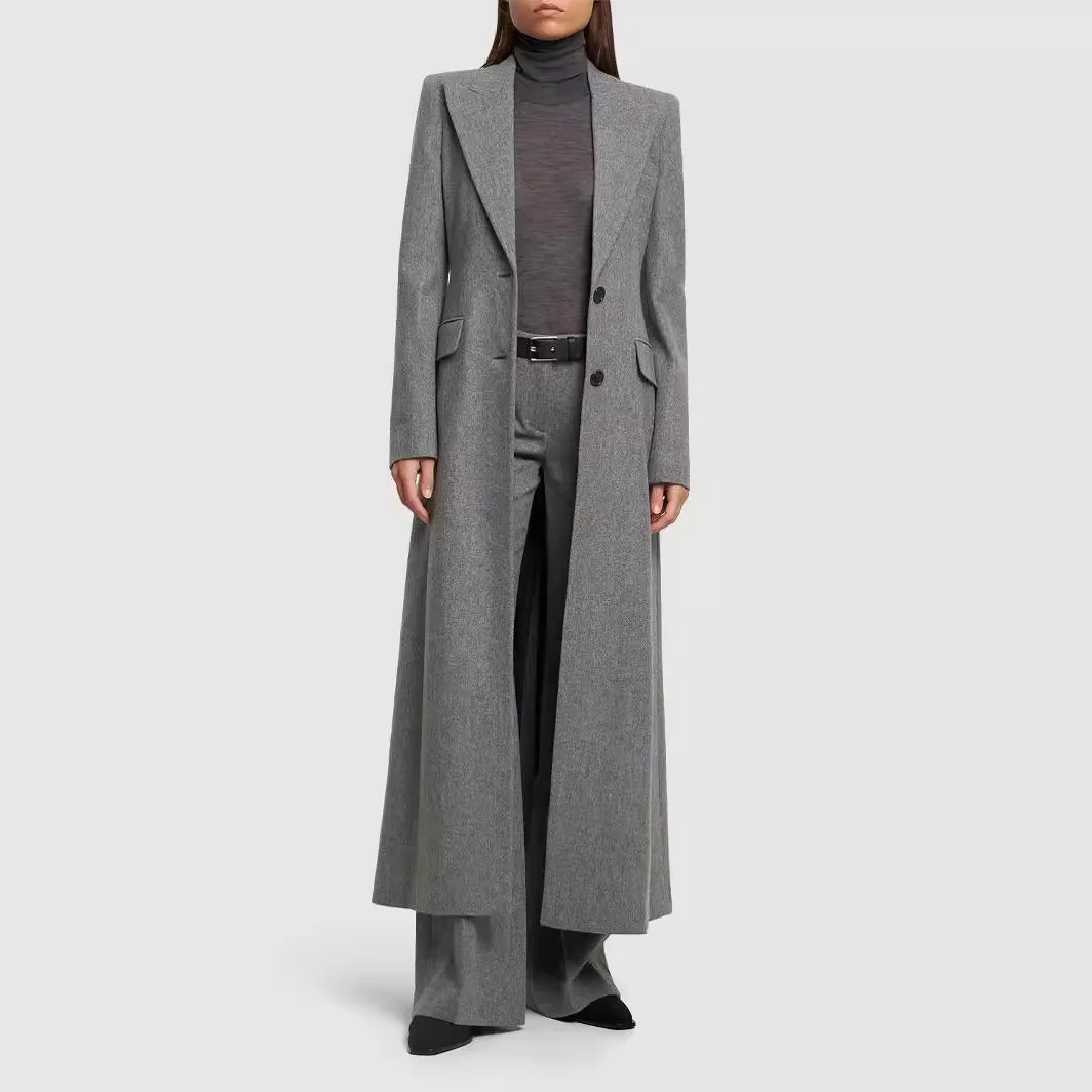 

AI NI YA Spring and Autumn New Style Slim Fit A-line Extended Gray Suit Style Woolen Coat Women's Coat