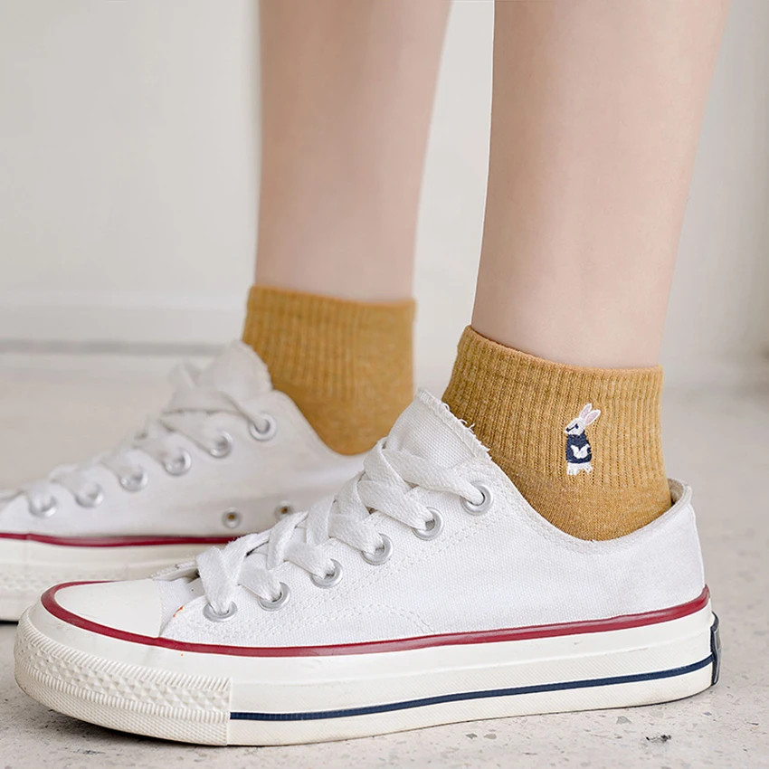 Women Cute Embroidered Ankle Socks Kawaii Cartoon Animal Dog Cat Bird Rabbit Cotton Short Socks Korean Fashion Japanese Style