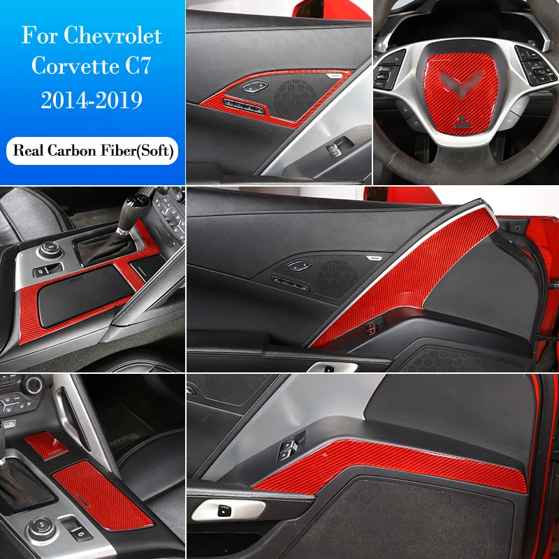 Carbon Fiber For Chevrolet Corvette C7 2014-2019 Car Red Interior Decorative Sticker Gear Door Handle Steering Wheel Trim