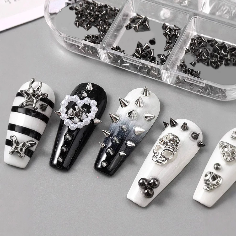 3D Punk Silber-Schwarzes Pyramiden-Nagelschmuck-Set, Metall-Kegelnadeln, Perlen, Nieten, Halloween Gothic Nageldekorationen – Detail 2