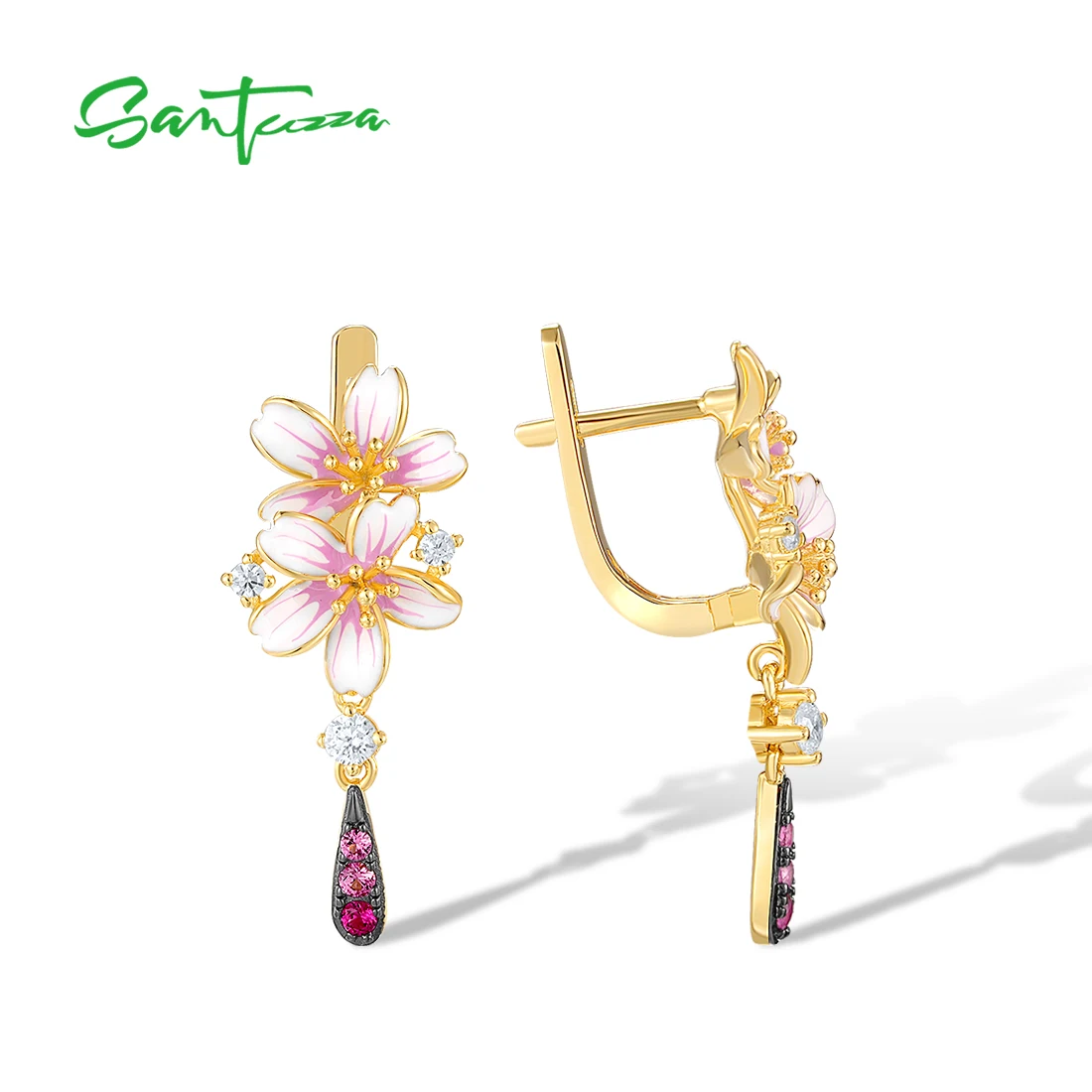 SANTUZZA 925 Real Sterling Silver Drop Earrings For Women Exquisite Flower Wedding Engagement Elegant Fancy Enamel Fine Jewelry