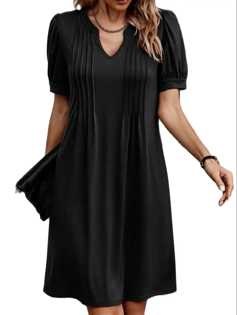 Solid Color V-neck Pleated Puff Sleeve Shift T-shirt Dress