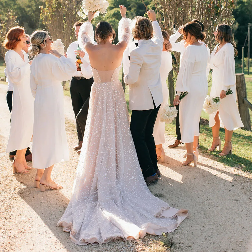 Vestido de novia con mangas largas de obispo, vestido de tul sin tirantes para exteriores, estilo bohemio rústico, línea A, para verano