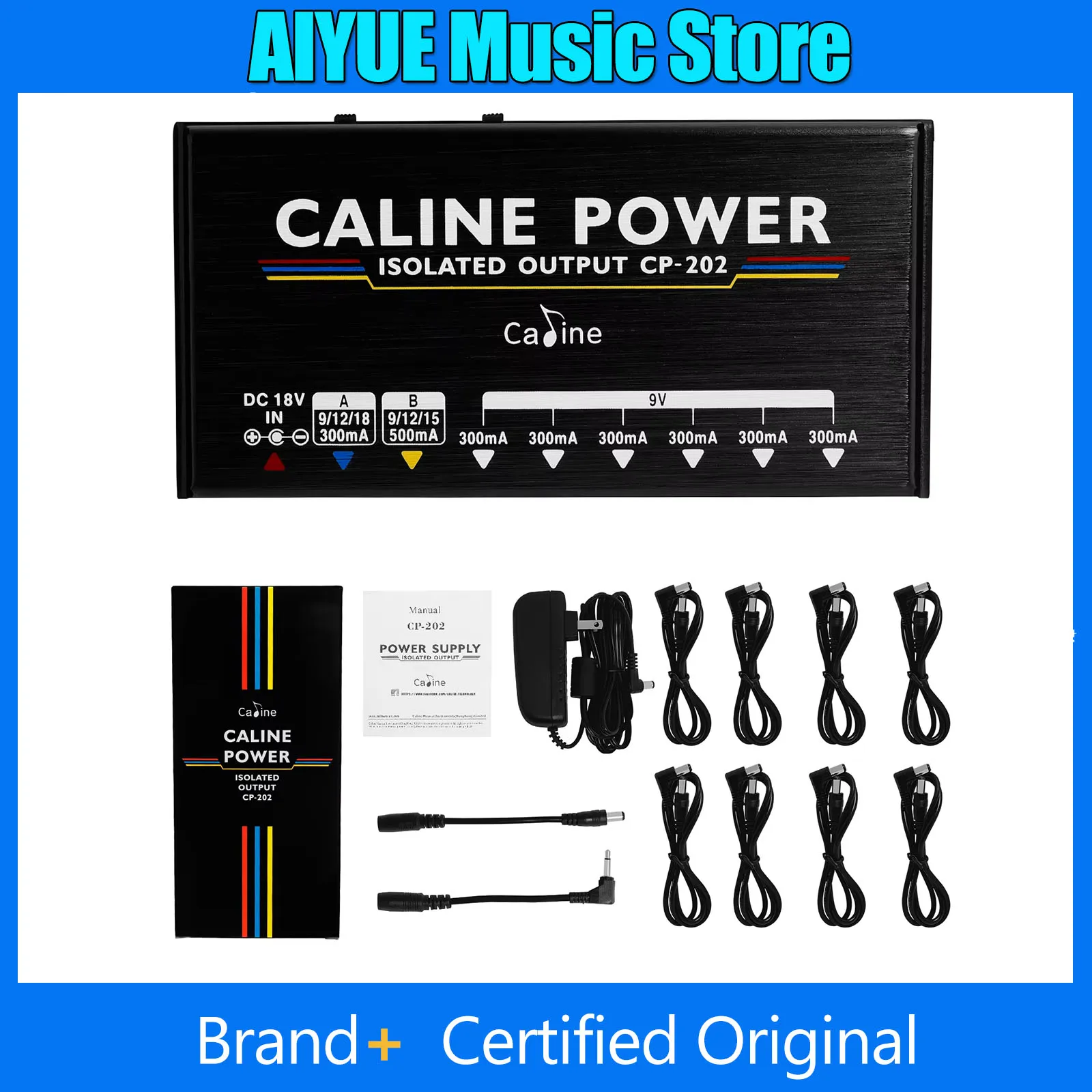 

Блок питания для гитарных педалей Caline DC 9V/12V/15V/18V, 36W, 8 полностью изолированных выходов, CP-202, с адаптером и аксессуарами