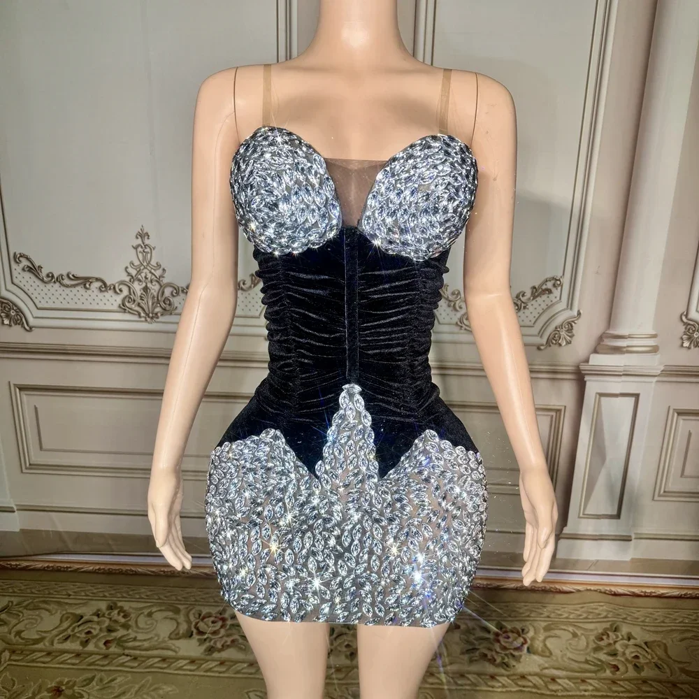 

Sparkly Crystals Short Tube Dress for Women Sexy Celebrate Evening Birthday Dress Photo Shoot Stage Wear Performance Costume