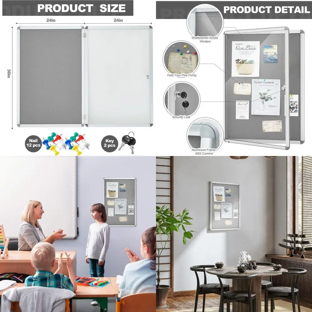 

24 x 36 Secure Enclosed Corkboard with Lock, Outdoor-Friendly, Aluminum Frame for School and Office (Gray)