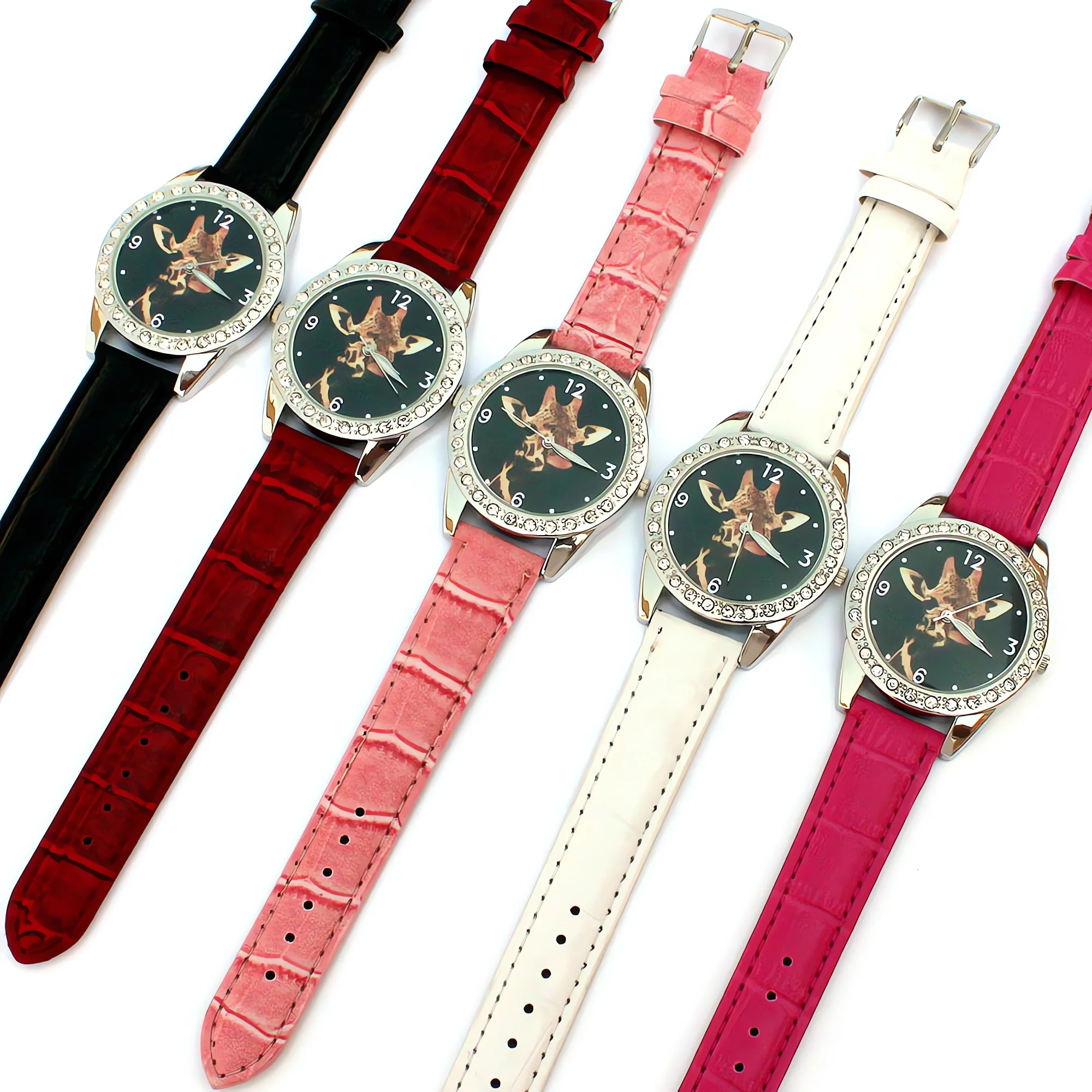 5Pcs Giraffe Animal round Crystal Watch Leather Watch Student Gift