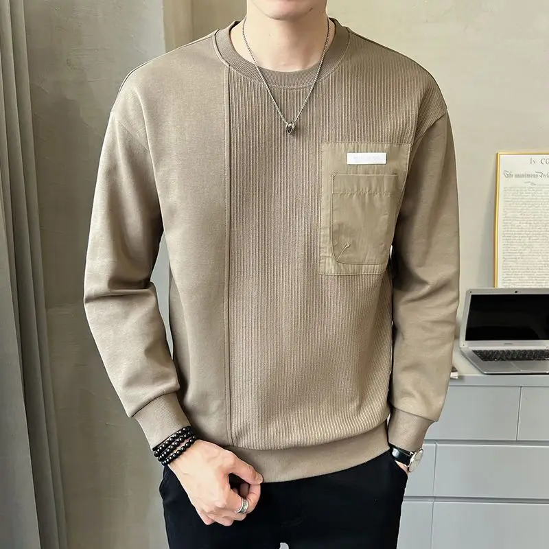 2023 Autumn and Winter New Commuter Men's Clothing Splice Pockets Round Neck Long Sleeve Solid Color Casual Versatile Pullover