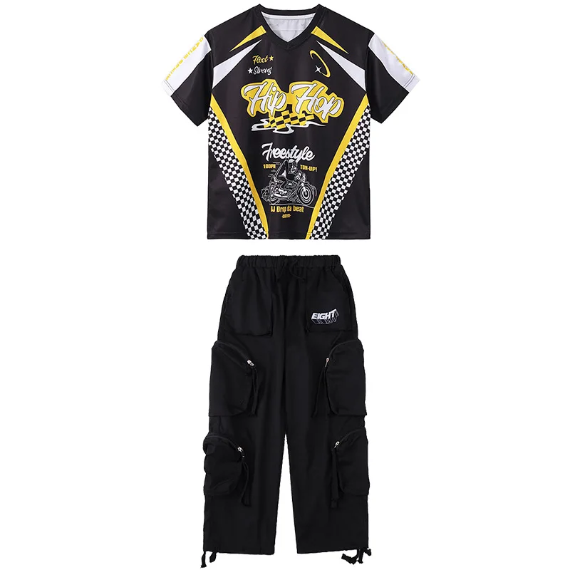 Set di abiti da ballo Hip Hop per ragazze T-shirt nera Pantaloni larghi Jogger estivo Street Dancewear Gruppo Jazz Pratica Performance Costume