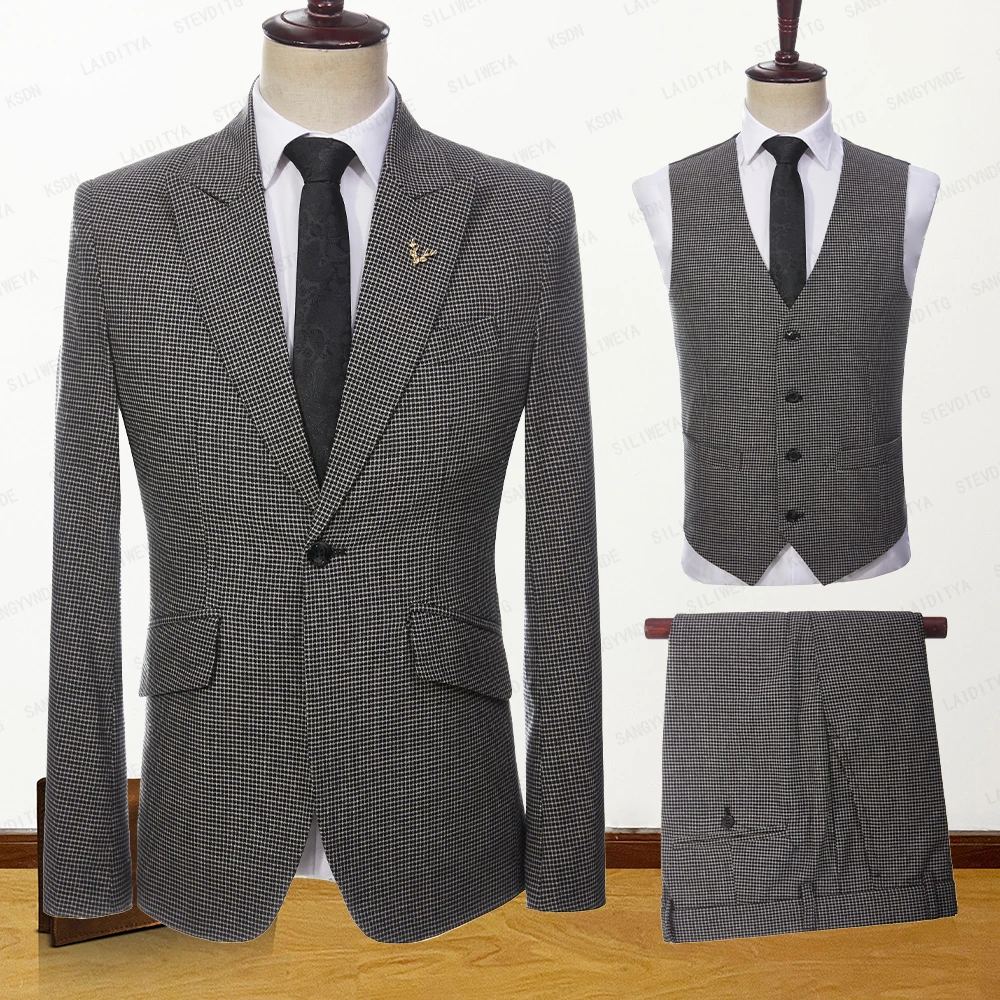 

2023 New Costume Homme Popular Men Linen Suits Black White Reto Classic Plaid Groom Slim Fit Tuxedo 3 Pcs Set Jacket Vest Pants