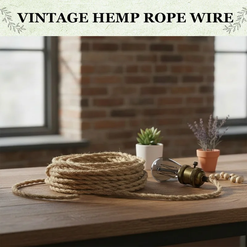 Pendant Light Wire, Hemp Rope Electrical Cord, Vintage DIY Lamp Cord, 2 Core, Retro, Bedroom