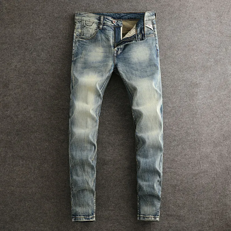 

Italian Style Fashion Men Jeans Retro Washed Blue Stretch Slim Fit Designer Ripped Jeans Men Vintage Casual Denim Pants Hombre