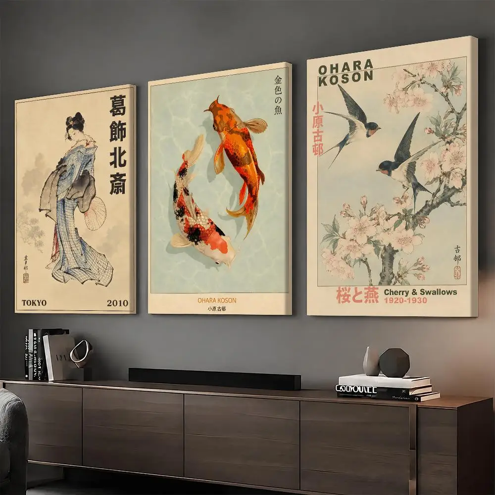 H-Hokusai Ohara Koson Japanese Painting Calligraphy Modern Style Inner Frame Canvas Poster Bedroom Room Hallway Wall Art Decor