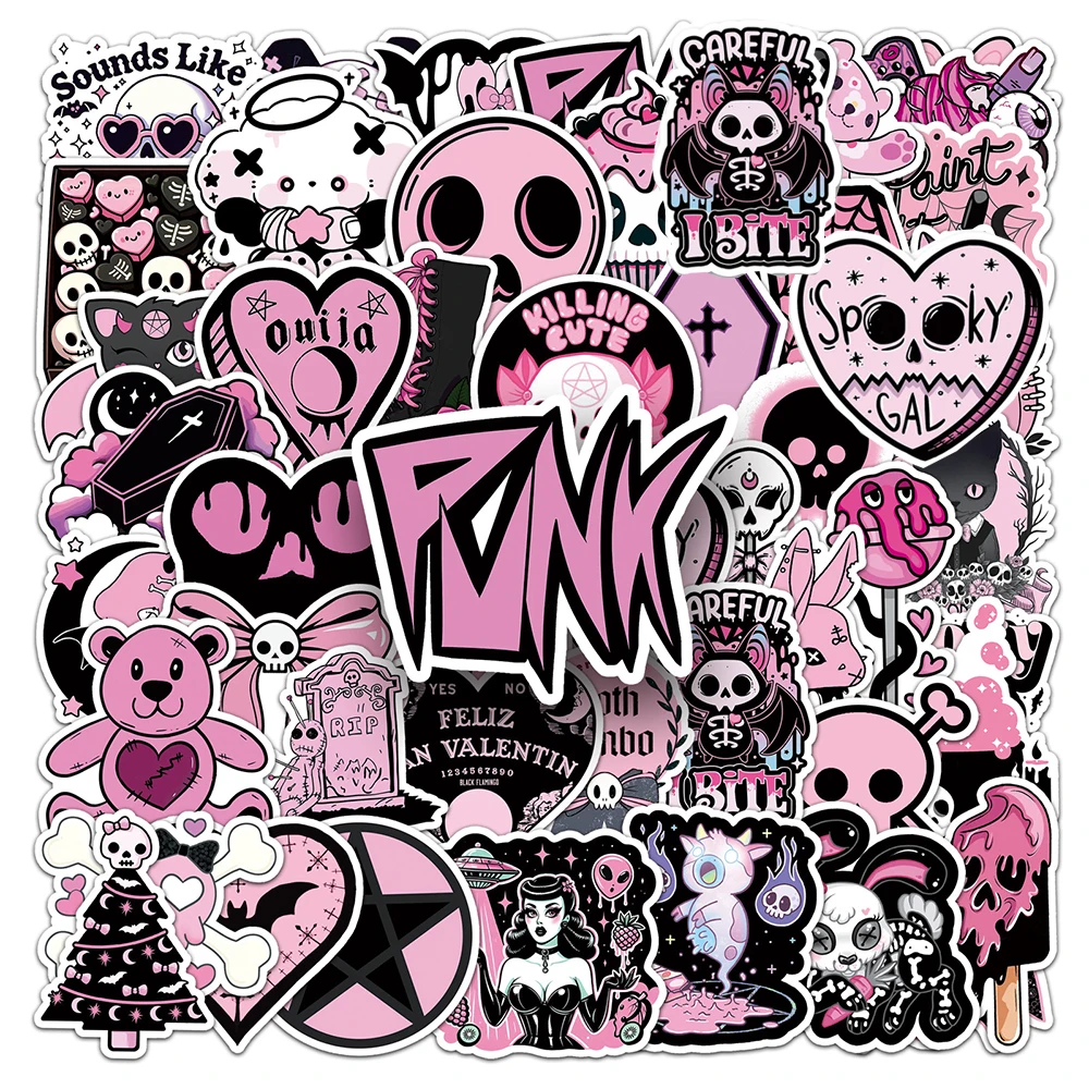 

10/30/50pcs Goth Black and Pink Witchy Skull Stickers Cute Cartoon Decals DIY Skateboard Laptop Phone Aesthetic Sticker Kid Toys