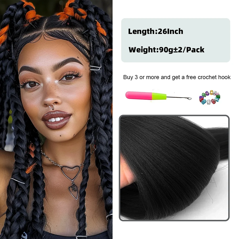 Extensiones de cabello sin nudos preestirado, trenzas sintéticas largas y rectas, textura Yaki, 26 pulgadas