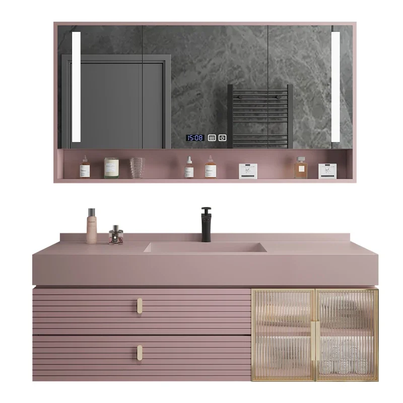 

Stone Plate Whole Washbin Solid Wood Bathroom Cabinet Smart Bathroom Table Washbasin Sink Pink