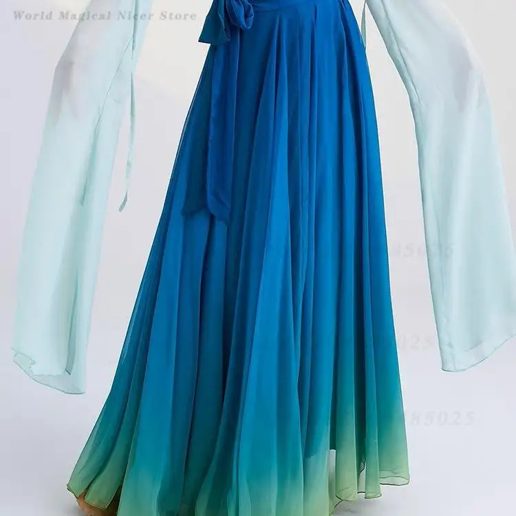 Women Gradient Chiffon Large Swing Long Skirt Chinese Classical Dance Costume for Stage Performance Practice Contest Show