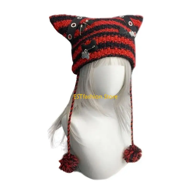 Y5GC القط الأذن قبعة مخططة الثقافة الفرعية الشارع الشهير محبوك 2000s الفتيات الشتاء قبعات كروشيه كول صور الدعائم Y2K GIRL #2