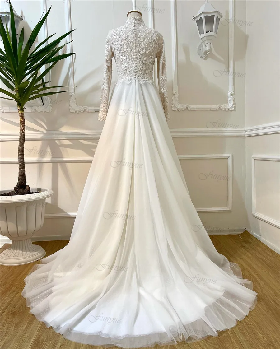 Customized Lace Flowers Wedding Dresses for Bride 2026 A-Line High Neck Dubai Muslim Bridal Gowns Long Sleeves Vestidos De Novia