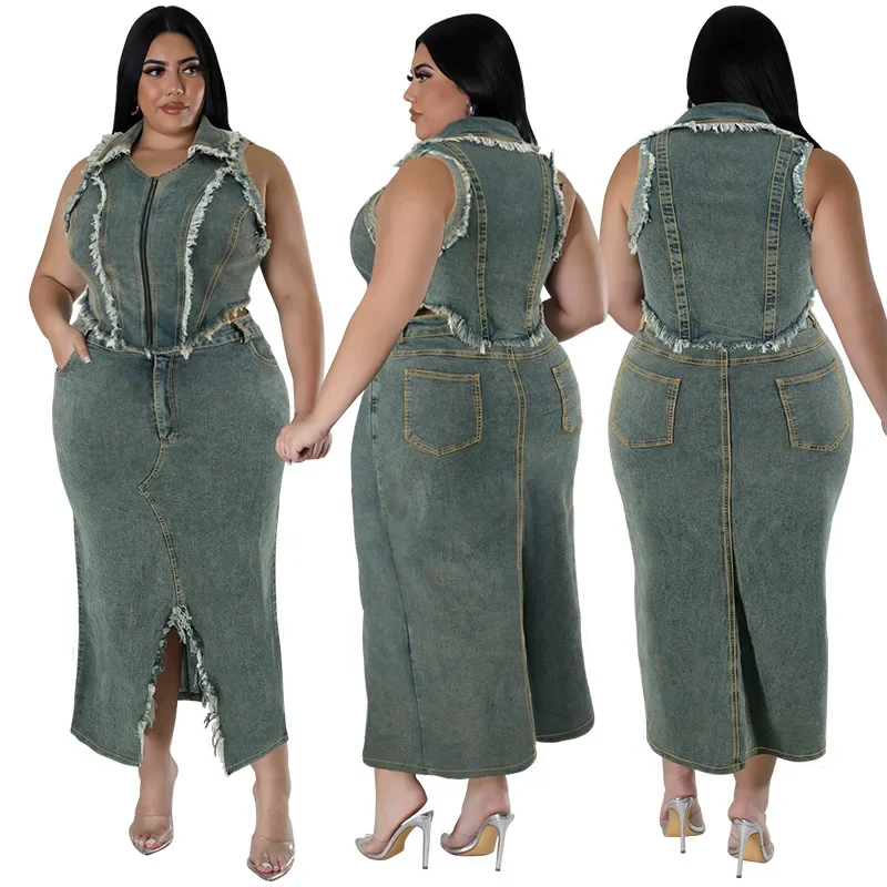 

Distressed Denim Dress Sets Women Single Breasted Vest Matching Sets Ankle Length Wrap Buttocks High Street Tassel Vintage