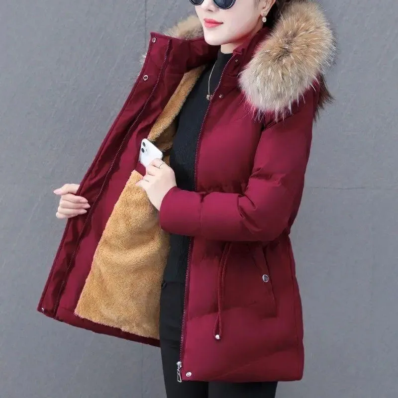 Overcoat Parka Down Cotton-Padded Jacket  Medium Long Winter Coat Add Velvet Cotton-Padded Jacket Fashion Ladies Outerwear