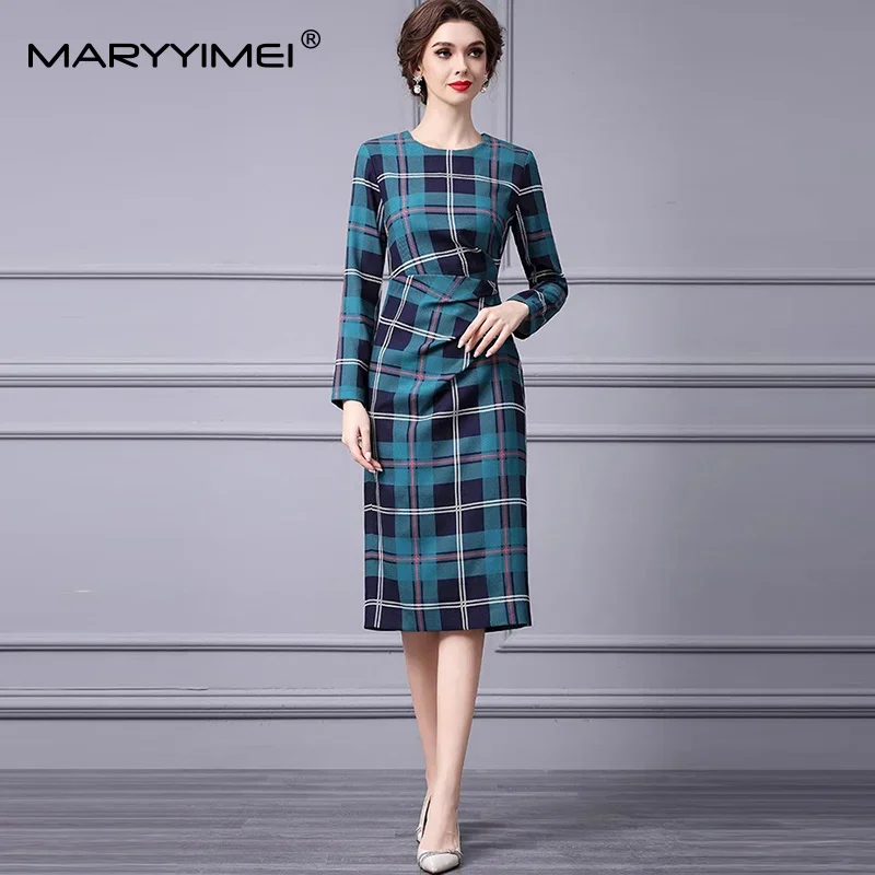 

MARYYIMEI Women's Elegant Commuter Dress Fashion Long-Sleeved High waist Slim Summer Office Work Plaid Print Dresses