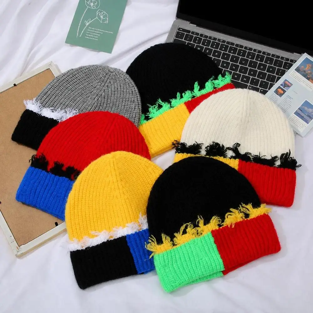 High Elasticity Patchwork Knit Beanie Patchwork Style Hole Design Warm Knitted Hat Cold Weather Resistant Hip Hop Hat