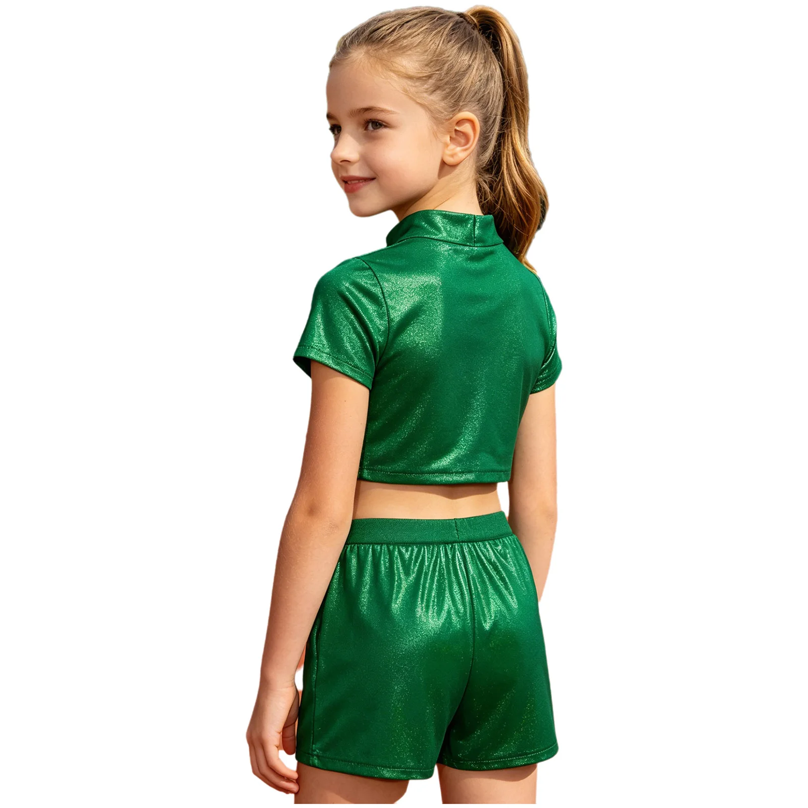 Kid Boys Girls 2-piece Jazz Dance Outfit Metallic Short Sleeve Necktie T-shirt with Shorts Cheerleading Hip Hop Street Dancewear