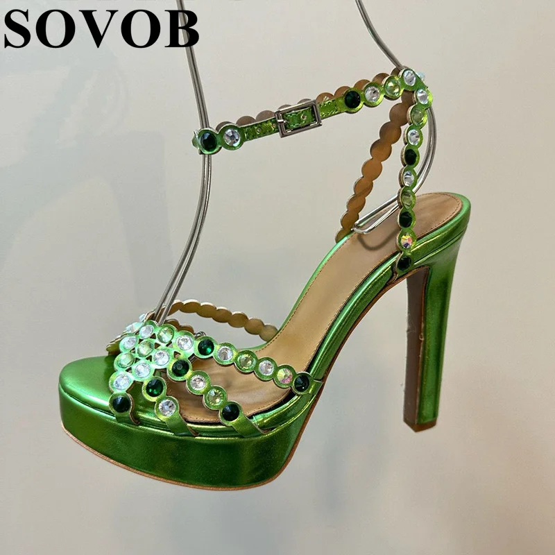 Summer Bling Rhinestone Decoration Thin High Heel Women's Ankle Strap Waterproof Platform Round Toe Sandals Sexy Party Shoes