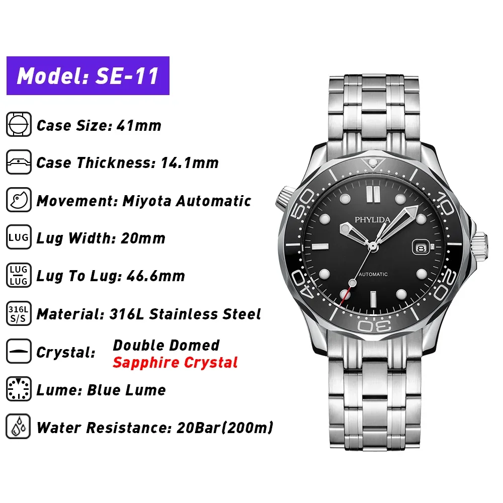 20BAR 200M Water Resistant Black JAPAN MIYOTA Mechanical Automatic Watch DIVER200M Style Sapphire Crystal Fully Lumed