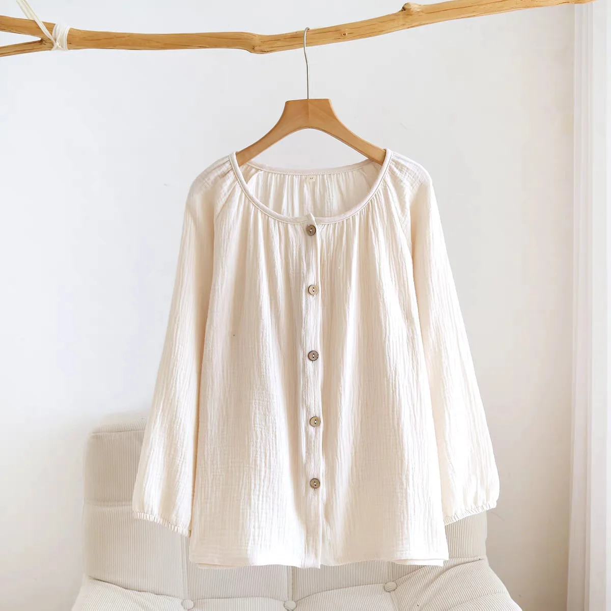 Casual Loose Long Sleeved Top Double-layer Cotton Sleepwear Soft Comfortable Women's Blouses Solid Color Basic Tops