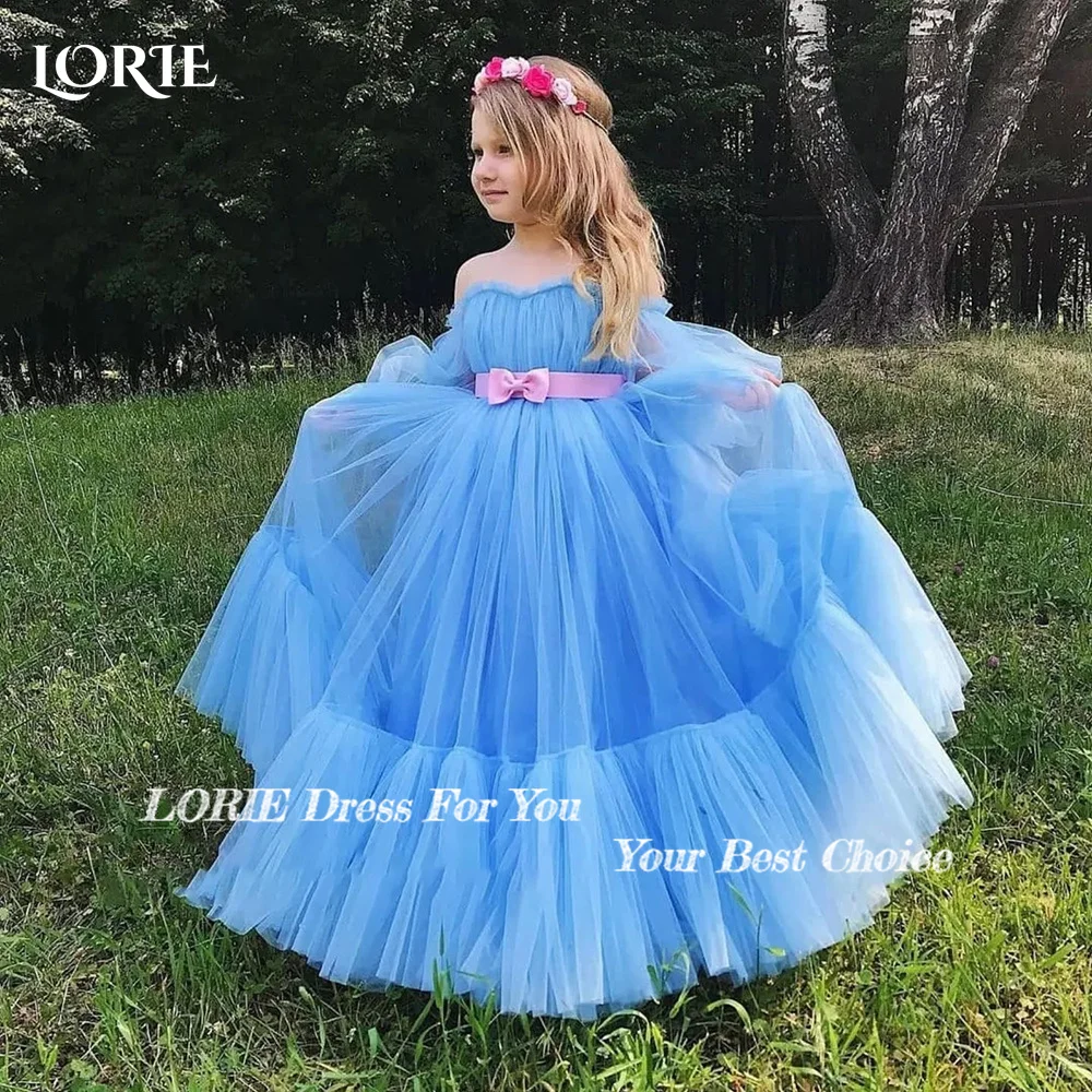 LORIE Baby Toddler Puff Sleeve StraplessTulle Tutu Twirly Babydoll Flare Bow Ball Gown Princess Flower Girl Dress Customized