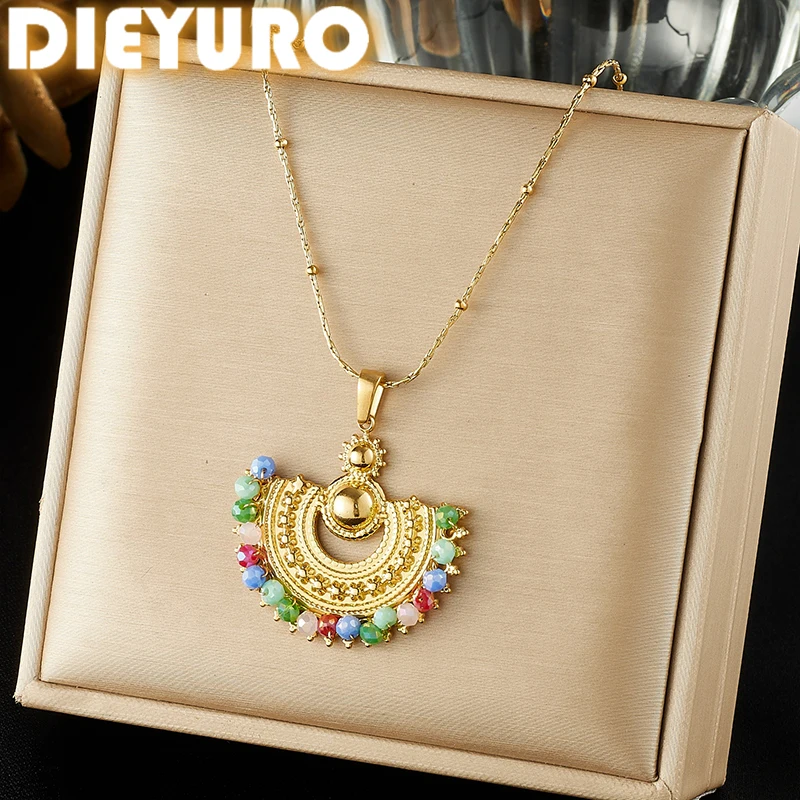 Stainless Steel Golden Moon Inlay Natural Stone Bead Pendant Necklace For Women Luxury Boho Half Neck Chain Gift