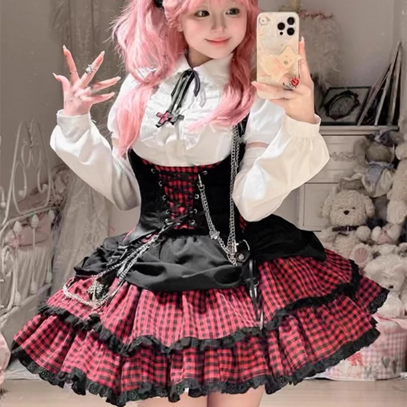 

College Style Sweet Girl Outfit Lolita Stage Shirt Black Vest Short Skirt Suits Women's Spring Autumn Japanese Skirt Set