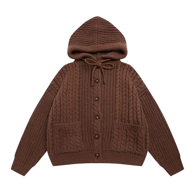 

Women Autumn Hooded Cardigans Winter Sweaters American Retro Casual Lazy Style Jacket Loose Gray Jumpers Coffee Ladies Knitting