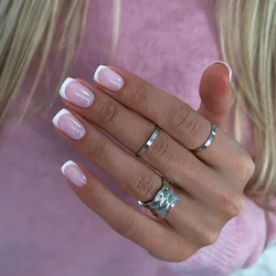 24Pcs Wearable French Fake Nails with Glue Simple Square Head False Nails White Edge Design Short Full Cover Nails Set Press On