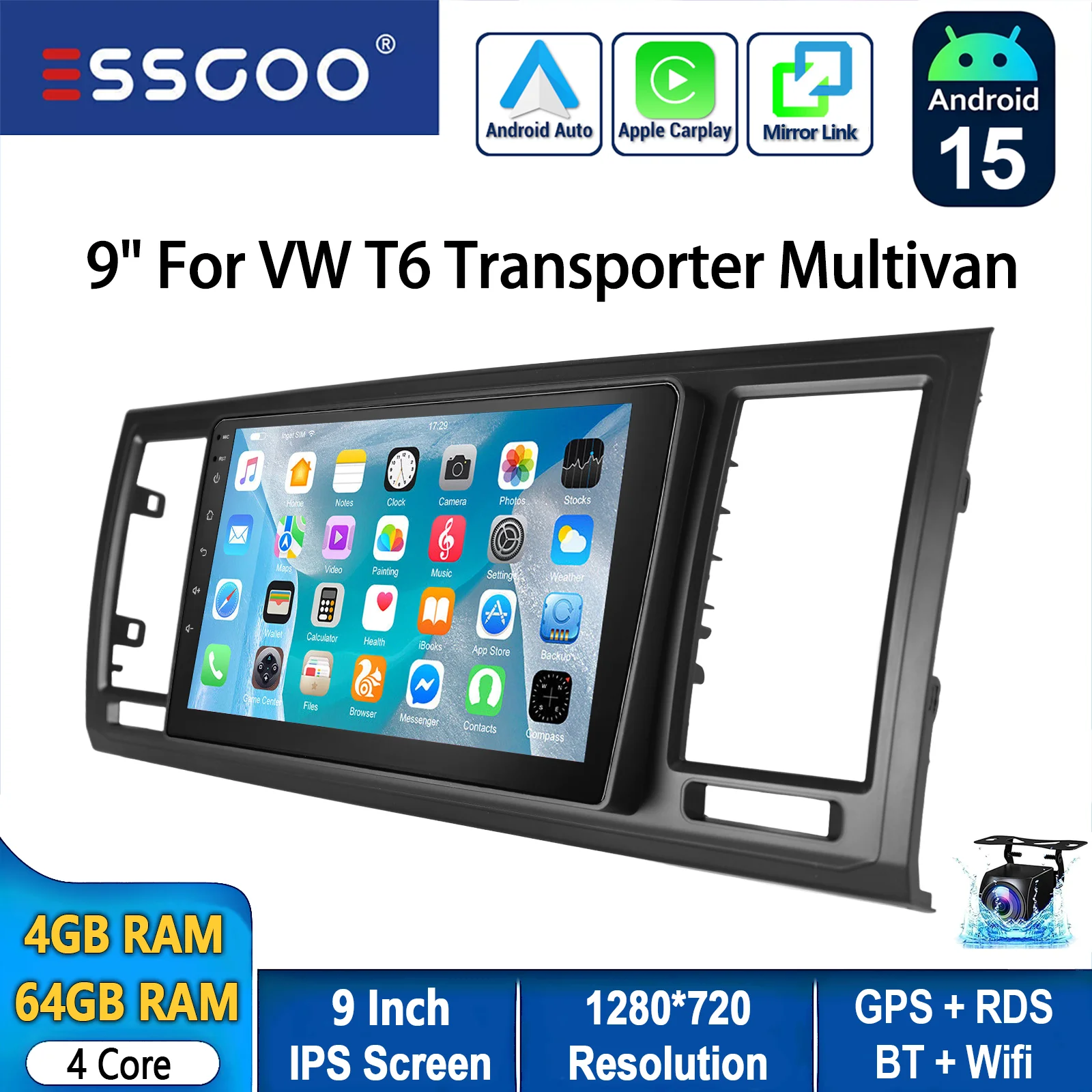 ESSGOO 9 inch 64GB Android 15 draadloze CarPlay autoradio voor VW T6 Transporter Multivan GPS navigatie WIFI BT RDS SWC Mirror Link