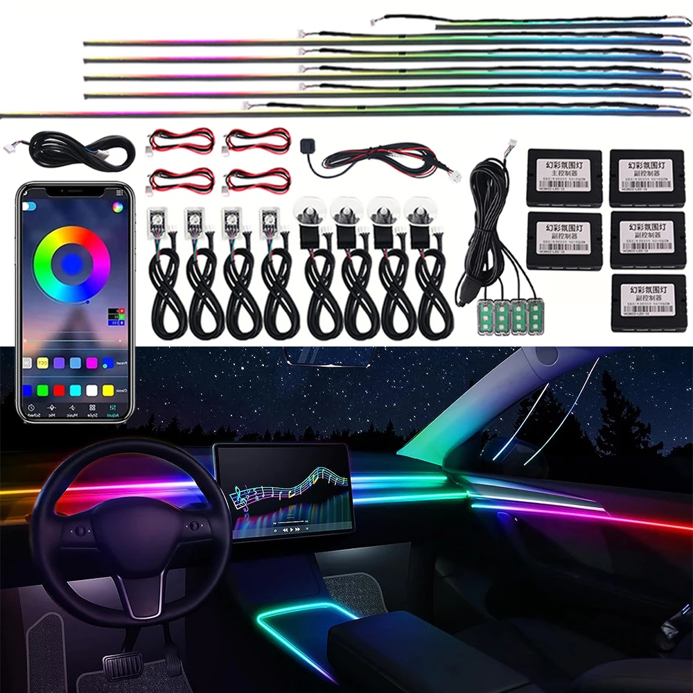 18 in 1 Symphony Car LED Ambient Lighting Interior RGB Neon Acrylic Backlight Guide Strip Universal Decoration Ambient Light 12V