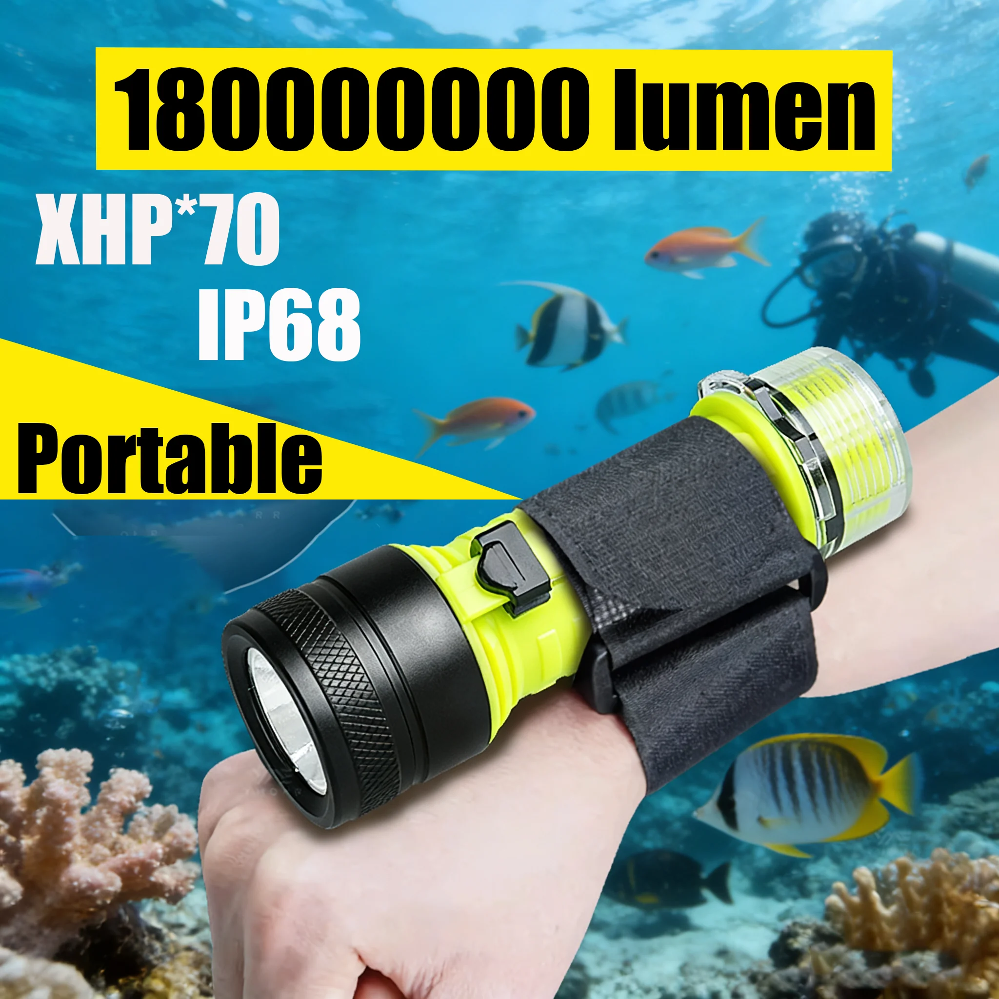 

Подводный фонарь XHP70 Перезаряжается через USB Со встроенным литий-ионным аккумулятором Улучшенная версия из АБС-пластика