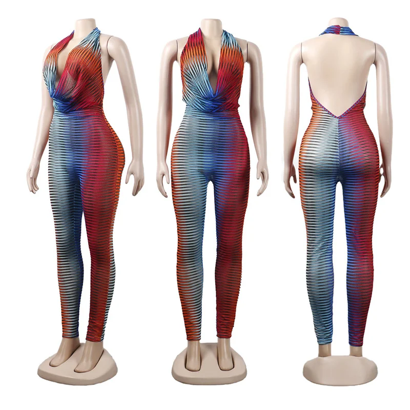 Colorful Striped Bodycon Jumpsuits Sexy Club Outfits for Woman Overalls Festival Clothing Party Club Jumpsuit Backless Rompers
