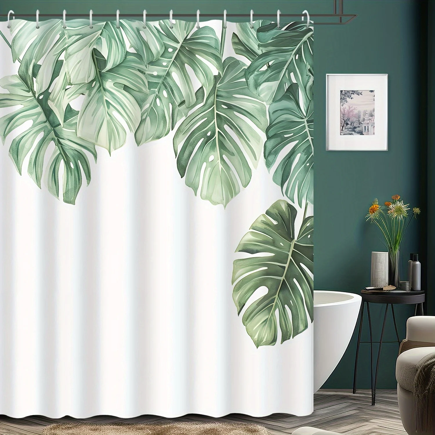 

1 шт., зеленый лист монстеры, ботанический акварельный принт, занавеска для душа для отеля, квартиры, ванной комнаты и украшения стен