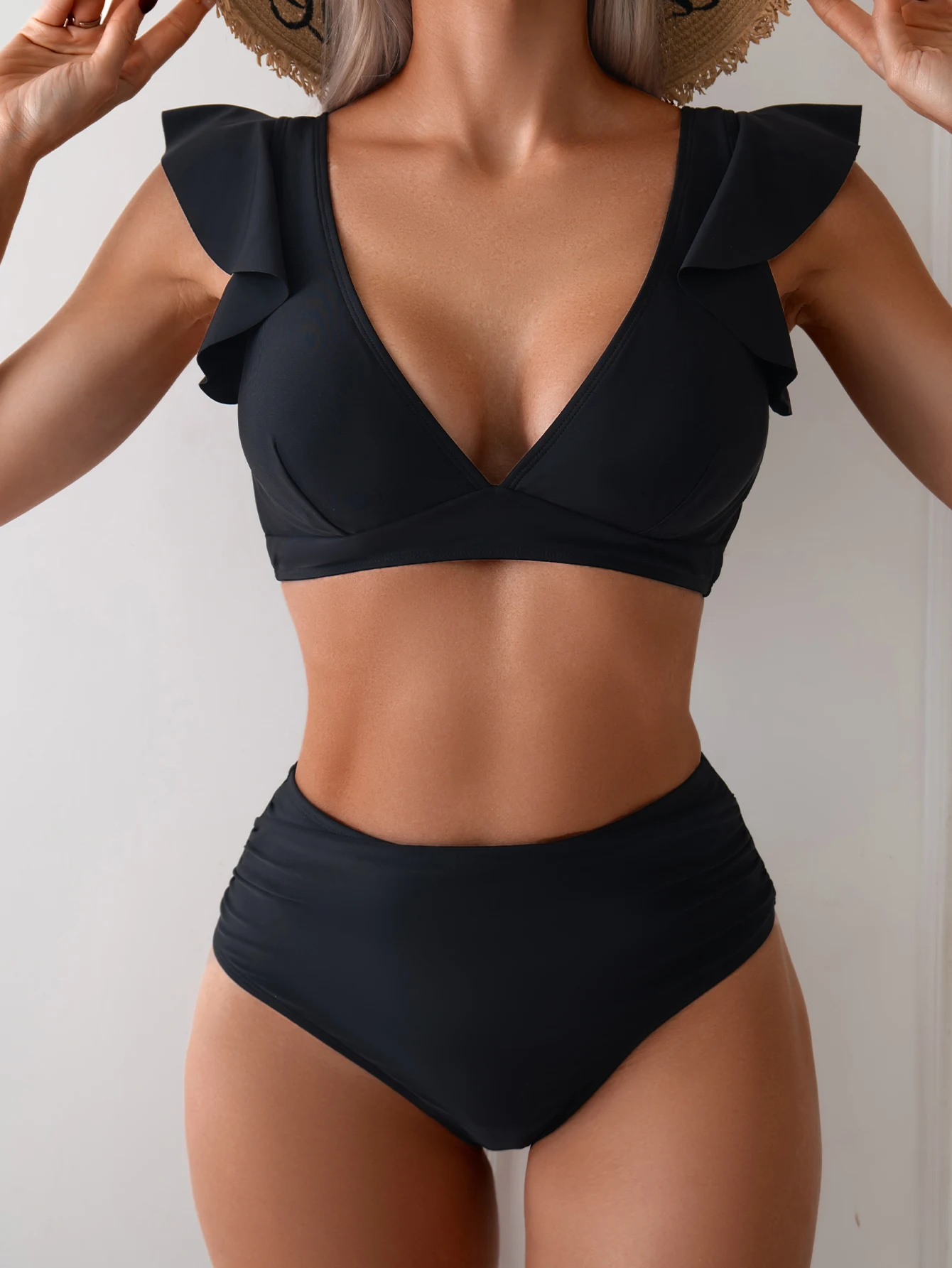 ZAFUL Conjunto de bikini de talle alto para mujer Traje de baño de dos piezas con volantes Traje de baño fruncido con recorte cruzado