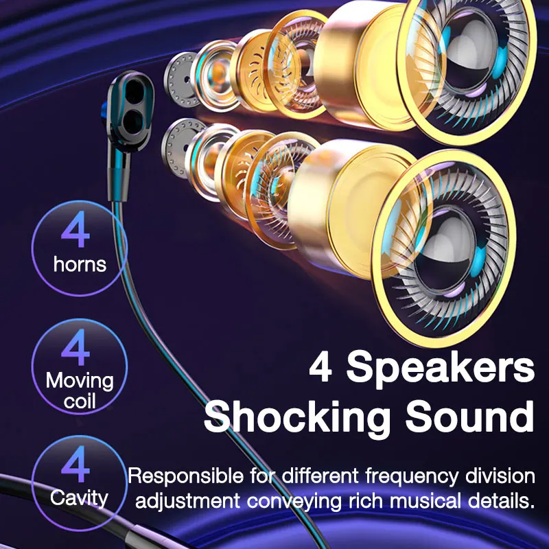 EARDECO 4 Speakers Wireless Headphones Super Bass Bluetooth Neckband Earphones Stereo V5.2 Hifi Headphone ENC Noise Reduction