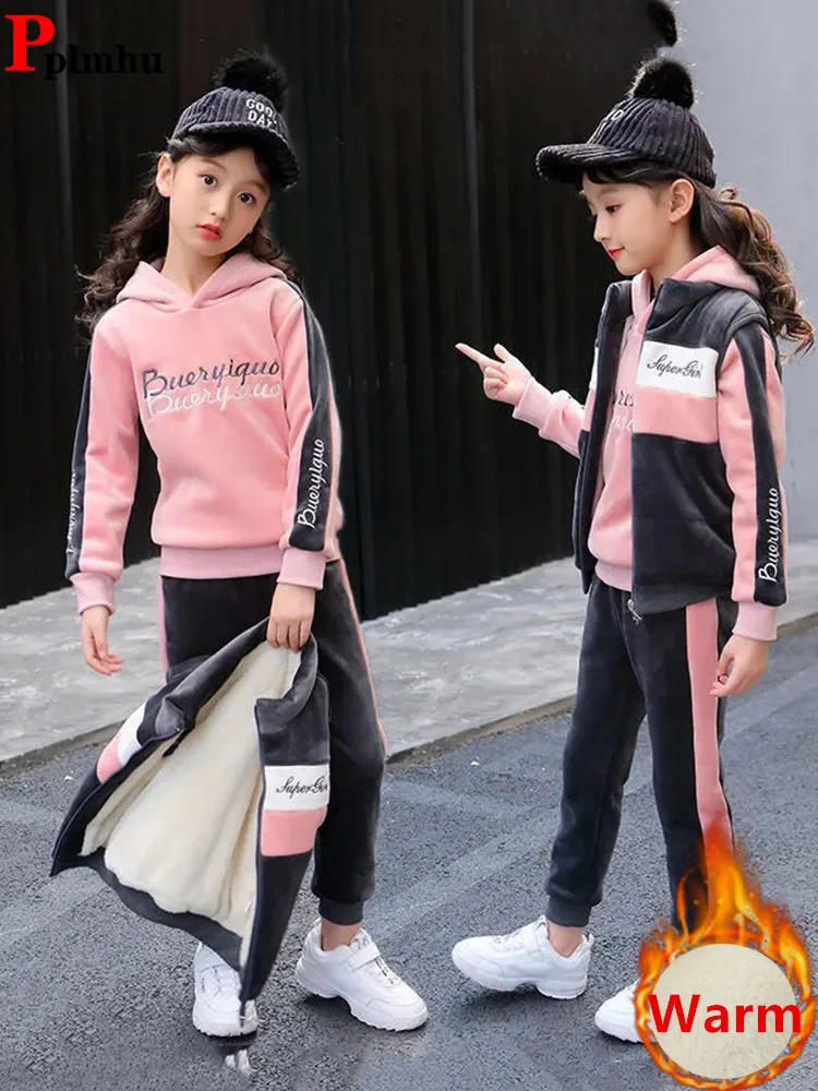 Winter Velvet Tracksuit Conjuntos Plush Lined Vest + Thick Hooded Sweatshirts + Kids Jogger Pants Suit Warm Girls 3 Piece Sets