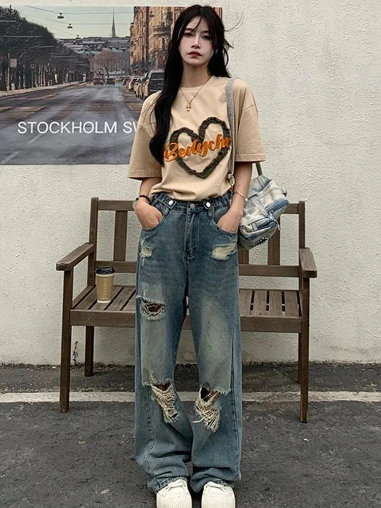 

Весенне-осенние винтажные женские джинсы с дырками, джинсы с высокой талией, широкие мешковатые свободные прямые брюки в стиле хип-хоп, уличная одежда, перетаскивающие джинсовые брюки