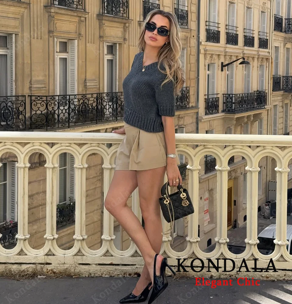 

KONDALA женский повседневный шикарный свитер с v-образным вырезом, вязаный тонкий пуловер с короткими рукавами, свитер 2025 г., модный осенний элегантный свитер Mujer